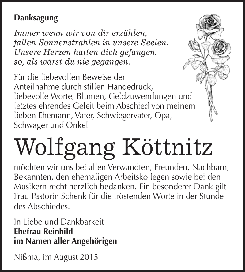  Traueranzeige für Wolfgang Köttnitz vom 15.08.2015 aus Super Sonntag Zeitz