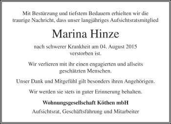 Traueranzeige von Marina Hinze von WVG - Wochenspiegel Dessau / Köthen