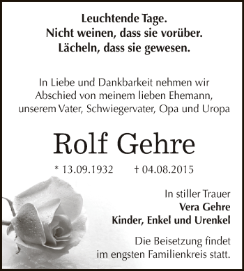 Traueranzeige von Rolf Gehre von WVG - Wochenspiegel Dessau / Köthen