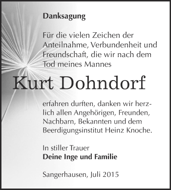 Traueranzeige von Kurt Dohndorf von Super Sonntag SGH Mansf. Land