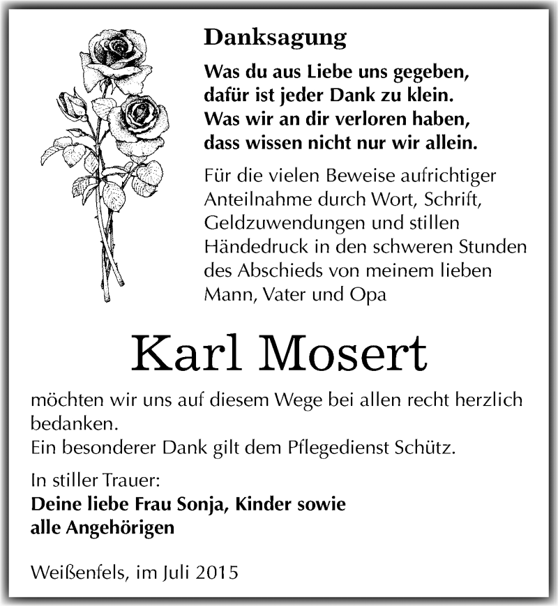  Traueranzeige für Karl Mosert vom 07.08.2015 aus Mitteldeutsche Zeitung Weißenfels