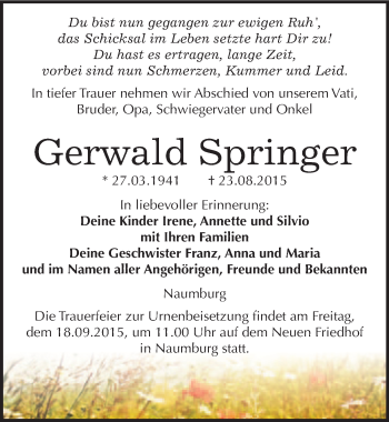 Traueranzeige von Gerwald Springer von Mitteldeutsche Zeitung Naumburg/Nebra