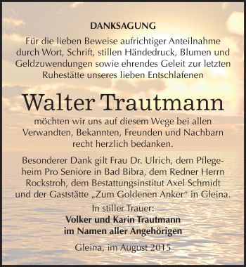 Traueranzeige von Walter Trautmann von Mitteldeutsche Zeitung Naumburg/Nebra