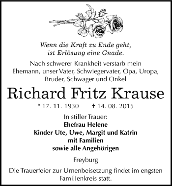 Traueranzeige von Richard Fritz Krause von Mitteldeutsche Zeitung Naumburg/Nebra