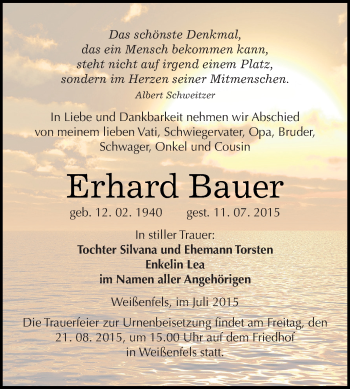 Traueranzeige von Erhard Bauer von WVG - Wochenspiegel NMB / WSF / ZTZ