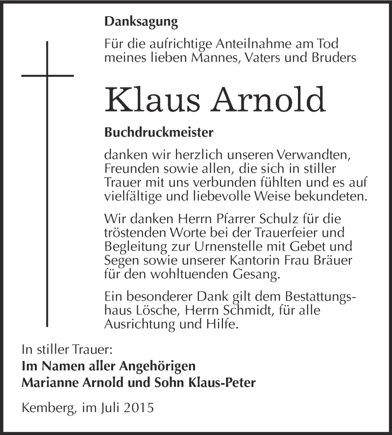  Traueranzeige für Klaus Arnold vom 01.08.2015 aus WVG - Wochenspiegel Wittenberg