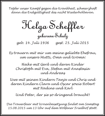 Traueranzeige von Helga Scheffler von WVG - Wochenspiegel Bitterfeld