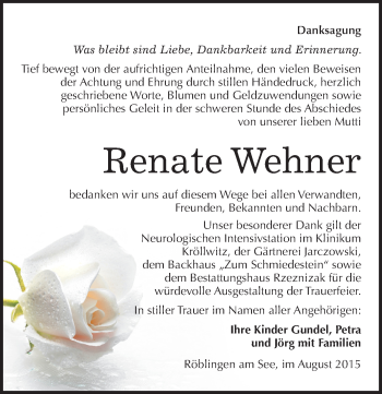 Traueranzeige von Renate Wehner von Mitteldeutsche Zeitung Mansfelder Land