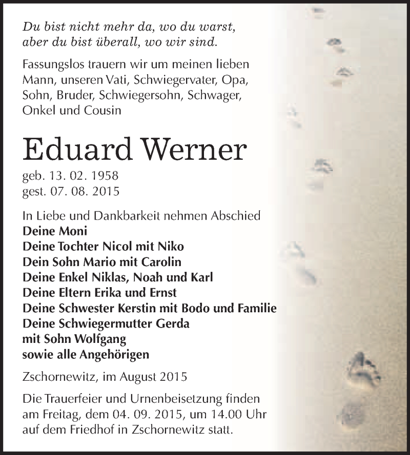  Traueranzeige für Eduard Werner vom 22.08.2015 aus WVG - Wochenspiegel Wittenberg