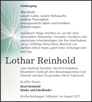 Traueranzeige von Lothar Reinhold von WVG - Wochenspiegel NMB / WSF / ZTZ