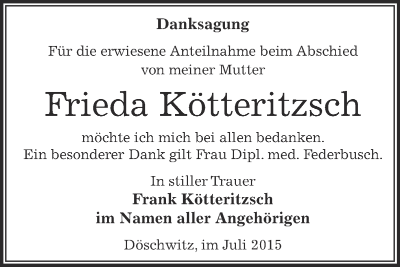  Traueranzeige für Frieda Kötteritzsch vom 01.08.2015 aus Super Sonntag Zeitz