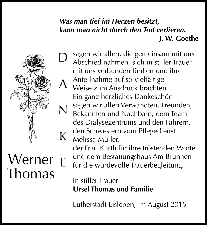  Traueranzeige für Werner Thomas vom 14.08.2015 aus Mitteldeutsche Zeitung Mansfelder Land