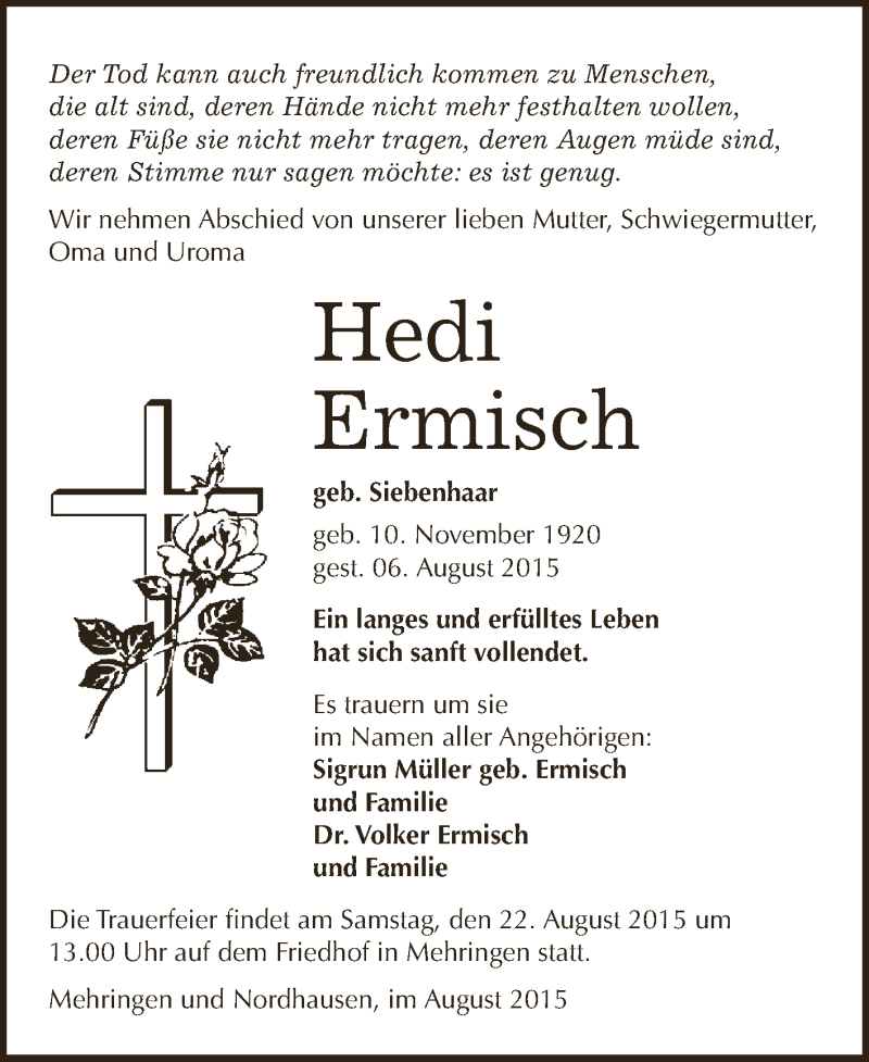  Traueranzeige für Hedi Ermisch vom 15.08.2015 aus Super Sonntag Aschersleben