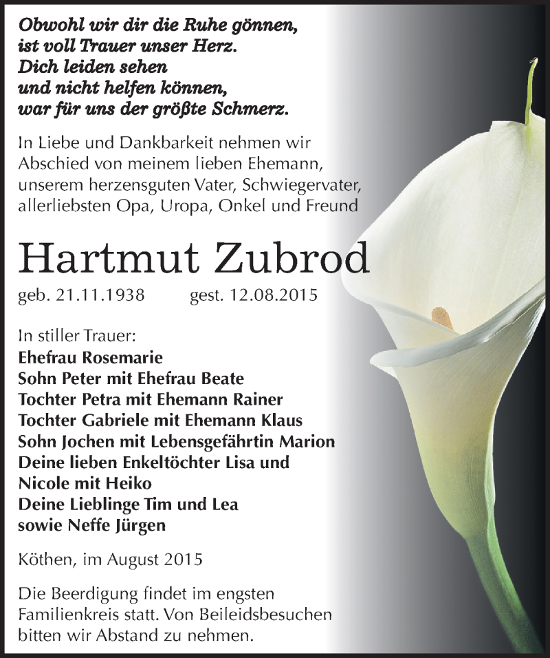  Traueranzeige für Hartmut Zubrod vom 18.08.2015 aus Mitteldeutsche Zeitung Köthen