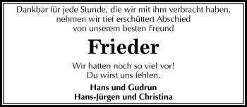 Traueranzeige von Frieder  von Mitteldeutsche Zeitung Halle/Saalkreis