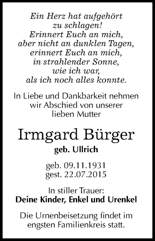  Traueranzeige für Irmgard Bürger vom 08.08.2015 aus Mitteldeutsche Zeitung Halle/Saalkreis