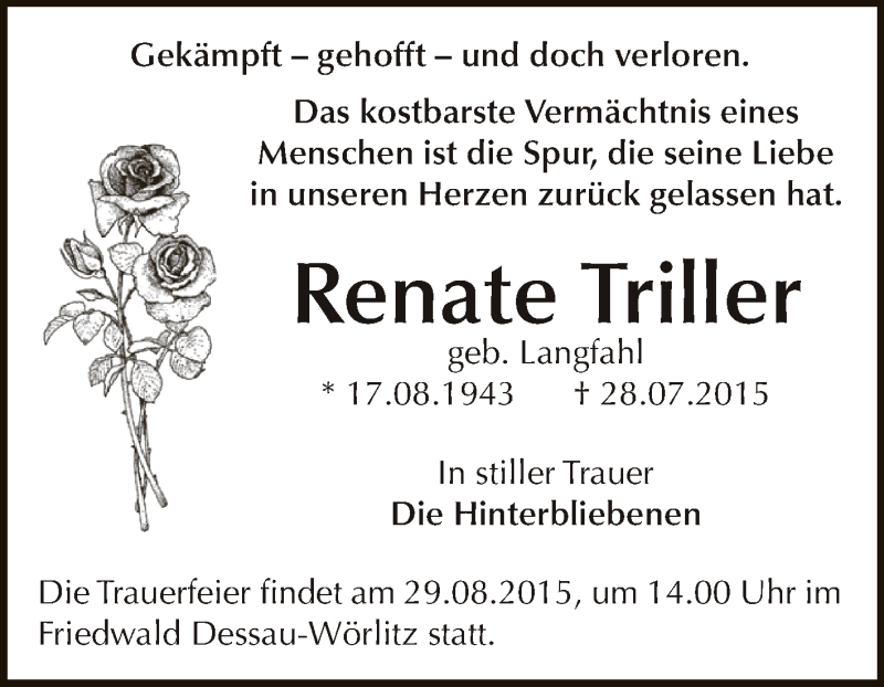  Traueranzeige für Renate Triller vom 08.08.2015 aus WVG - Wochenspiegel Dessau / Köthen