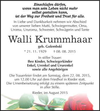 Traueranzeige von Walli Krummhaar von WVG - Wochenspiegel Quedlinburg