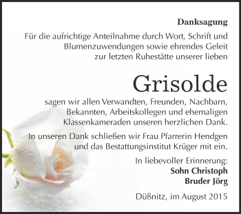 Traueranzeige von Grisolde  von WVG - Wochenspiegel Wittenberg