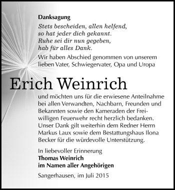 Traueranzeige von Erich Weinrich von Mitteldeutsche Zeitung Sangerhausen