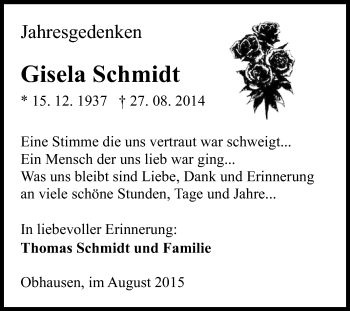 Traueranzeige von Gisela Schmidt von WVG - Wochenspiegel NMB / WSF / ZTZ