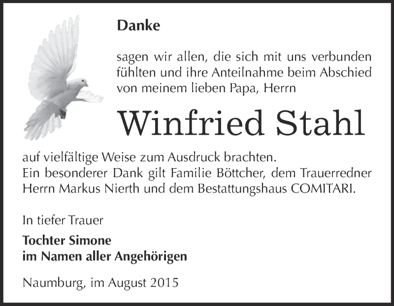  Traueranzeige für Winfried Stahl vom 15.08.2015 aus Super Sonntag Zeitz