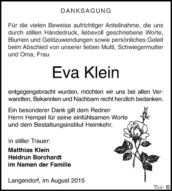 Traueranzeige von Eva Klein von WVG - Wochenspiegel NMB / WSF / ZTZ