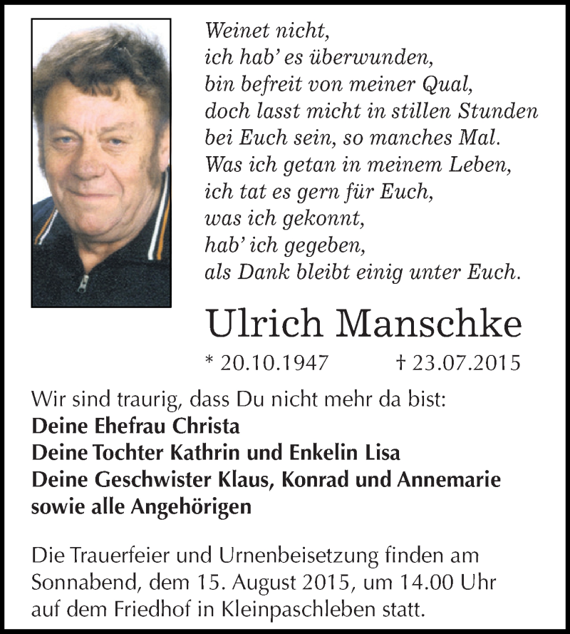  Traueranzeige für Ulrich Manschke vom 01.08.2015 aus WVG - Wochenspiegel Dessau / Köthen