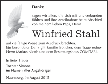 Traueranzeige von Winfried Stahl von Super Sonntag Zeitz