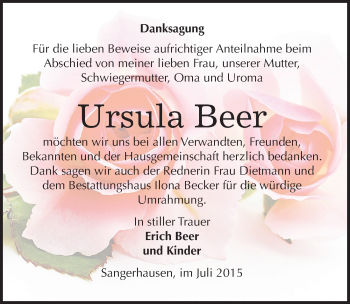 Traueranzeige von Ursula Beer von Mitteldeutsche Zeitung Sangerhausen