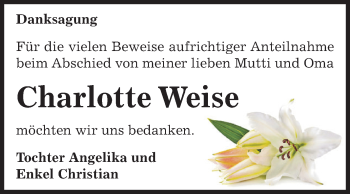 Traueranzeige von Charlotte Weise von Super Sonntag Zeitz