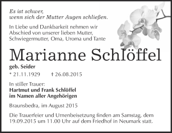 Traueranzeige von Marianne Schlöffel von WVG - Wochenspiegel Merseburg