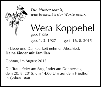 Traueranzeige von Wera Koppehel von Mitteldeutsche Zeitung Wittenberg