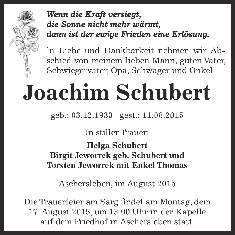  Traueranzeige für Joachim Schubert vom 15.08.2015 aus Super Sonntag Aschersleben