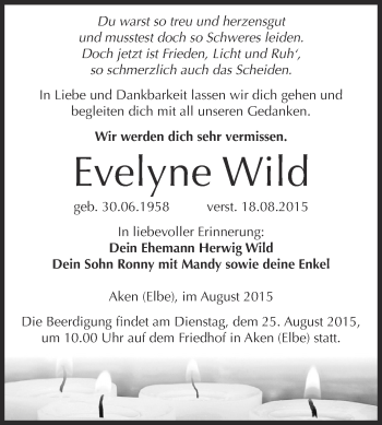 Traueranzeige von Evelyne Wild von WVG - Wochenspiegel Dessau / Köthen