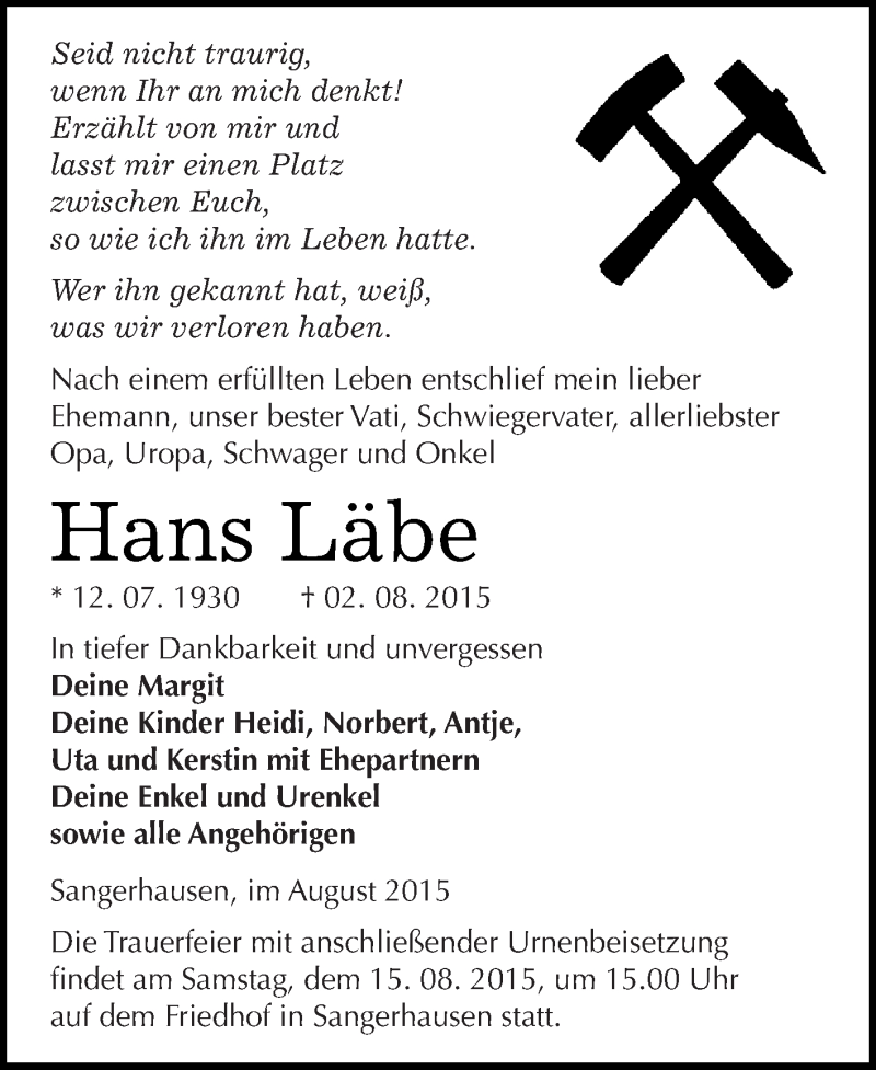  Traueranzeige für Hans Läbe vom 08.08.2015 aus Super Sonntag SGH Mansf. Land