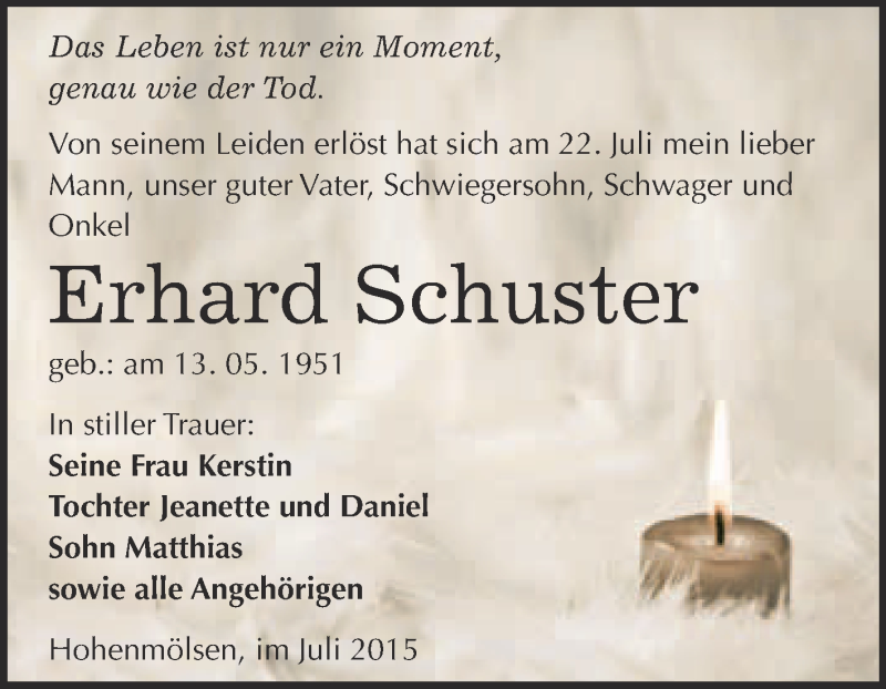  Traueranzeige für Erhard Schuster vom 05.08.2015 aus WVG - Wochenspiegel NMB / WSF / ZTZ