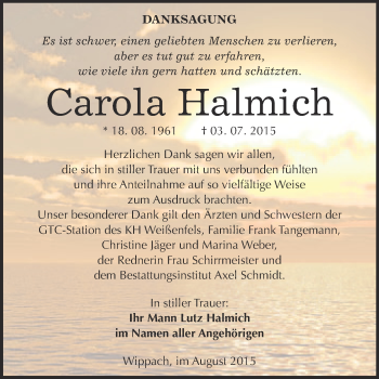 Traueranzeige von Carola Halmich von WVG - Wochenspiegel NMB / WSF / ZTZ
