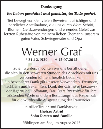 Traueranzeige von Werner Graf von Mitteldeutsche Zeitung Mansfelder Land