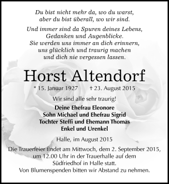 Traueranzeige von Horst Altendorf von Mitteldeutsche Zeitung Halle/Saalkreis