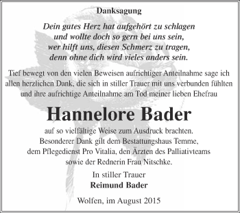 Traueranzeige von Hannelore Bader von WVG - Wochenspiegel Bitterfeld