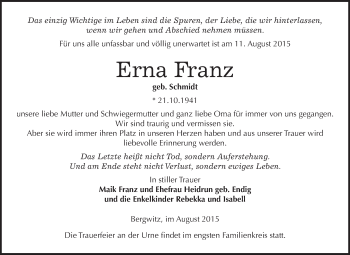 Traueranzeige von Erna Franz von WVG - Wochenspiegel Wittenberg