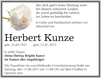 Traueranzeige von Herbert Kunze von WVG - Wochenspiegel Merseburg
