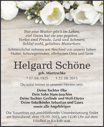 Traueranzeige von Helgard Schöne von WVG - Wochenspiegel Wittenberg
