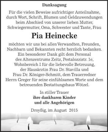 Traueranzeige von Pia Heinecke von Super Sonntag Zeitz