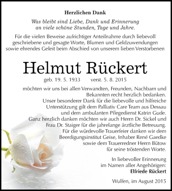 Traueranzeige von Helmut Rückert von WVG - Wochenspiegel Dessau / Köthen