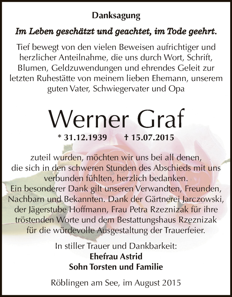 Traueranzeige für Werner Graf vom 12.08.2015 aus Wochenspiegel Mansfelder Land