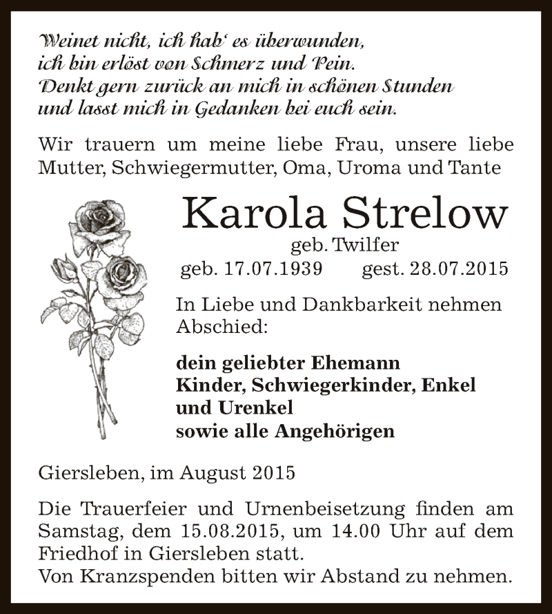  Traueranzeige für Karola Strelow vom 01.08.2015 aus Super Sonntag Aschersleben