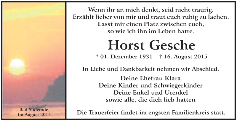  Traueranzeige für Horst Gesche vom 22.08.2015 aus WVG - Wochenspiegel Quedlinburg