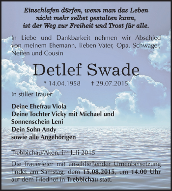 Traueranzeige von Detlef Swade von WVG - Wochenspiegel Dessau / Köthen